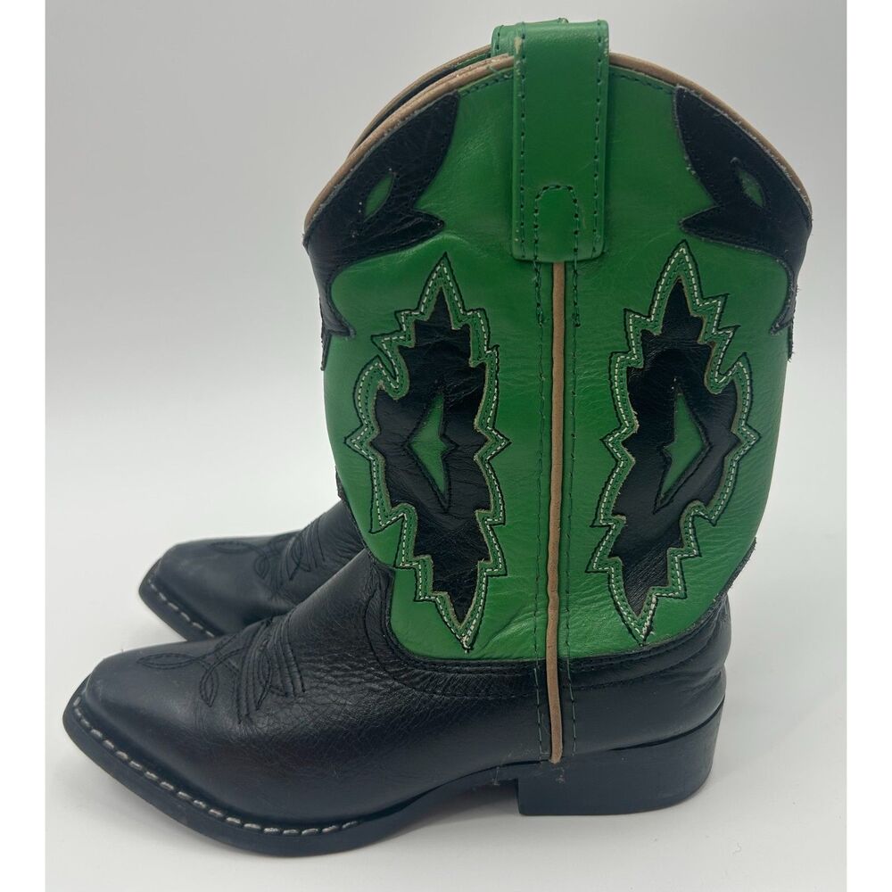 Double H Kids Green Black Cowboy Western Leather Size 12 Boots Pull on